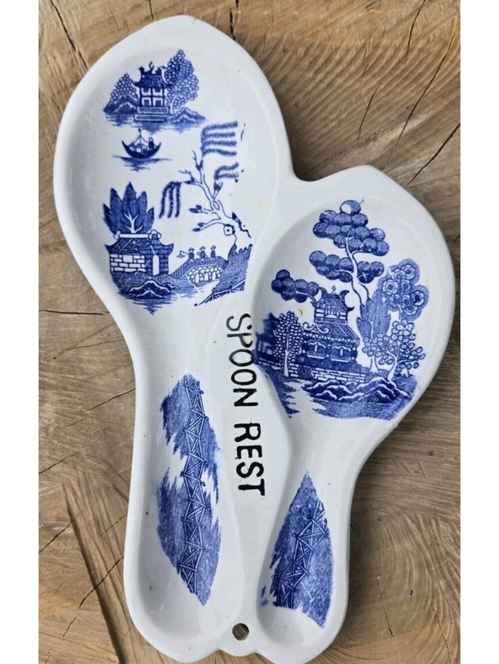 Vintage Blue Willow Porcelain Blue White Double Spoon Rest Ornate Hangable 9x5"